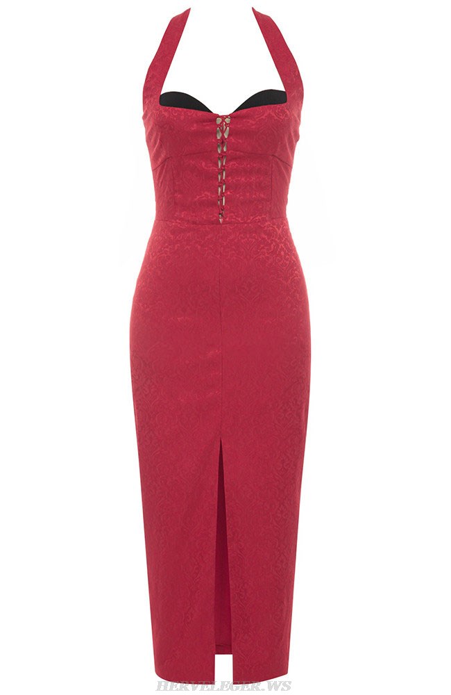 Herve Leger Red Halter Lace Up Midi Dress