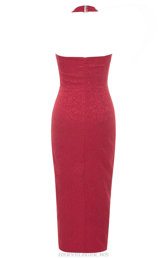 Herve Leger Red Halter Lace Up Midi Dress