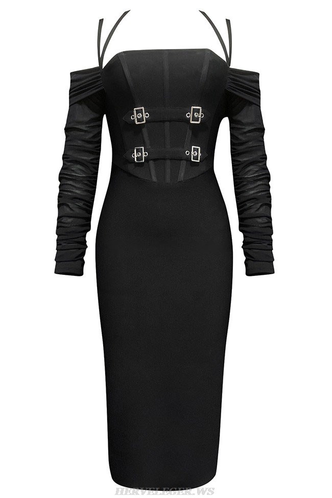 Herve Leger Black Halter Long Sleeve Midi Dress