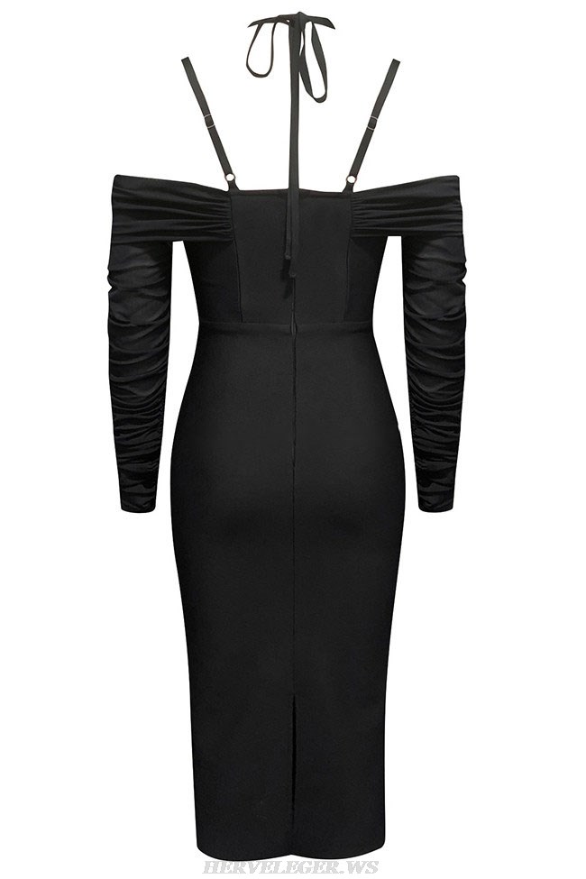 Herve Leger Black Halter Long Sleeve Midi Dress