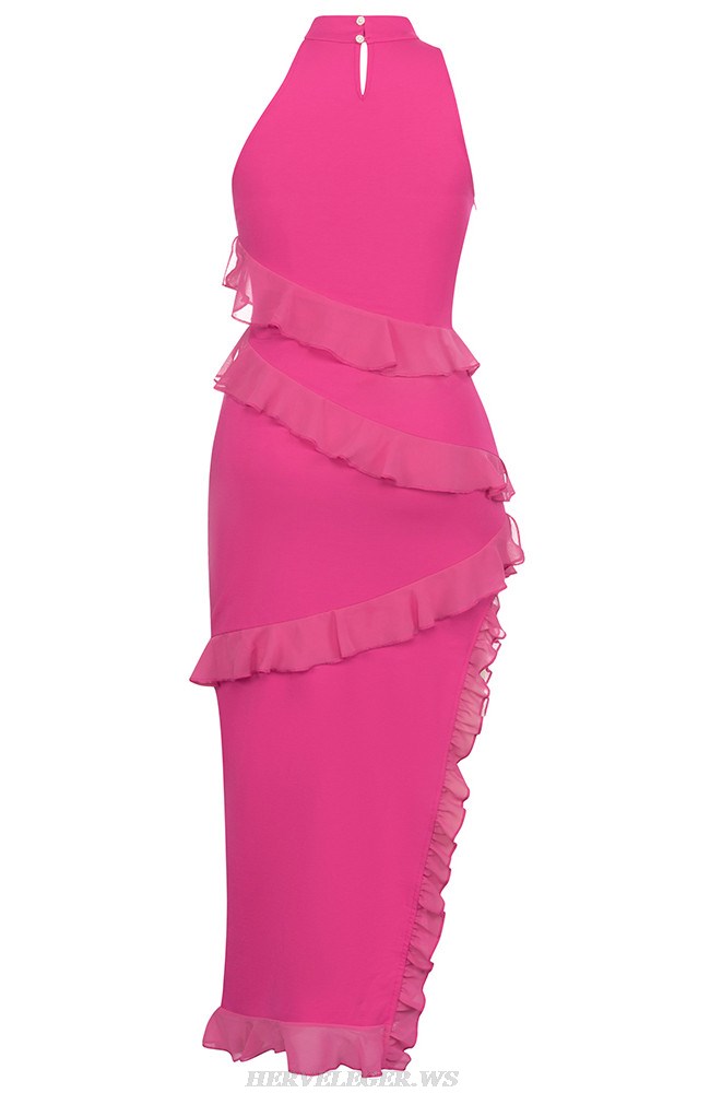 Herve Leger Hot Pink Halter Ruffle Gown