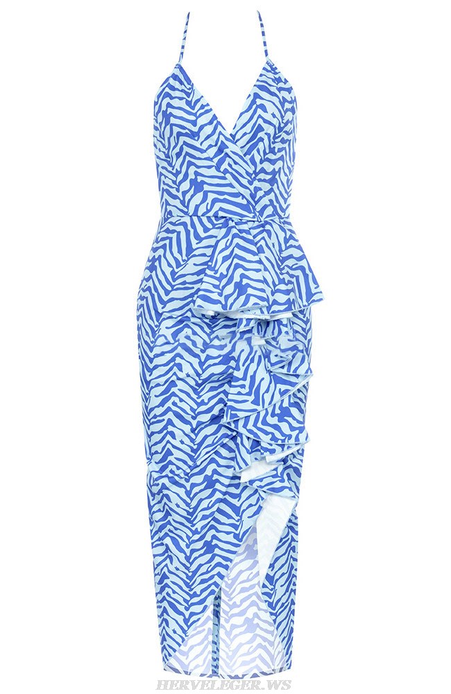 Herve Leger Blue Halter Ruffle Printed Gown