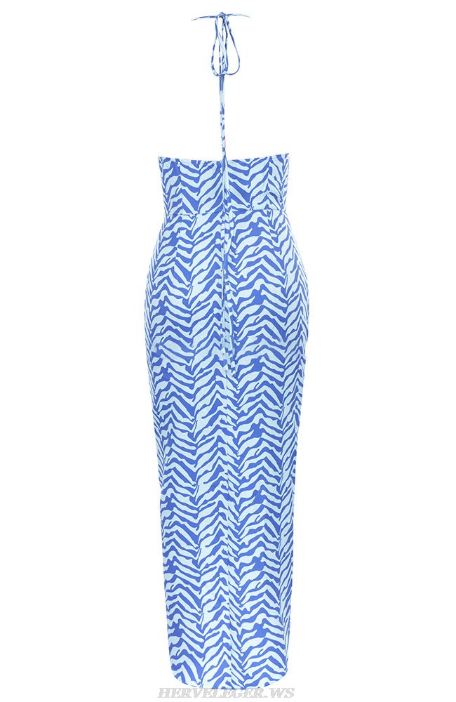 Herve Leger Blue Halter Ruffle Printed Gown