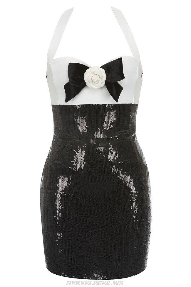 Herve Leger Black White Halter Sequined Dress