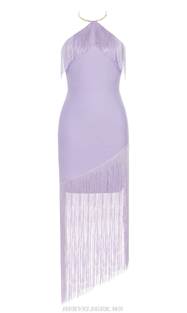 Herve Leger Lavender Halter Tassel Gown