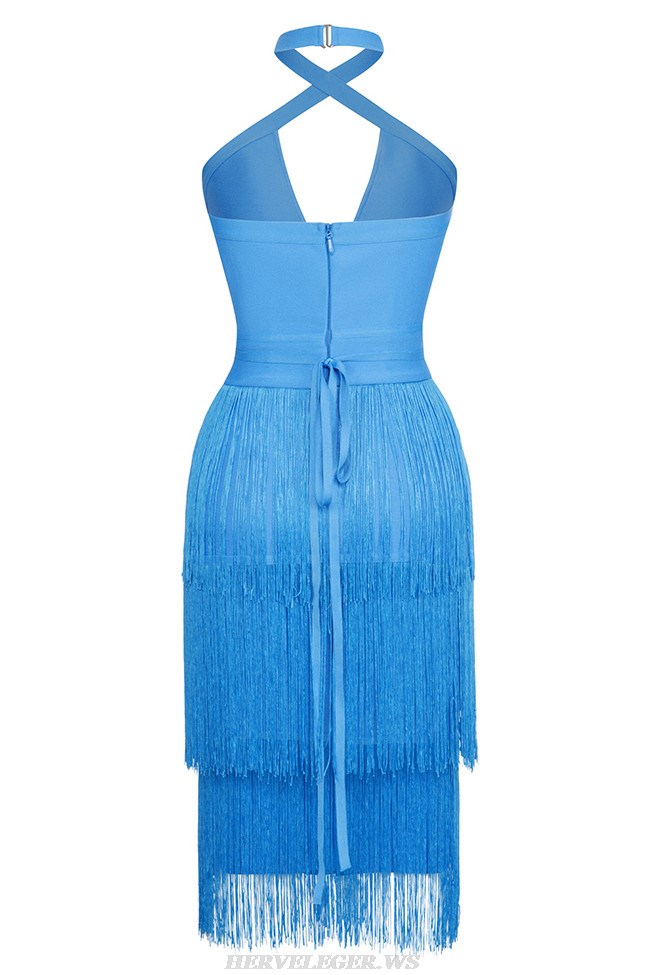 Herve Leger Blue Halter Tassel Midi Dress