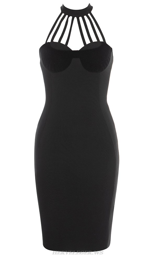 Herve Leger Black Halter Velvet Bustier Dress