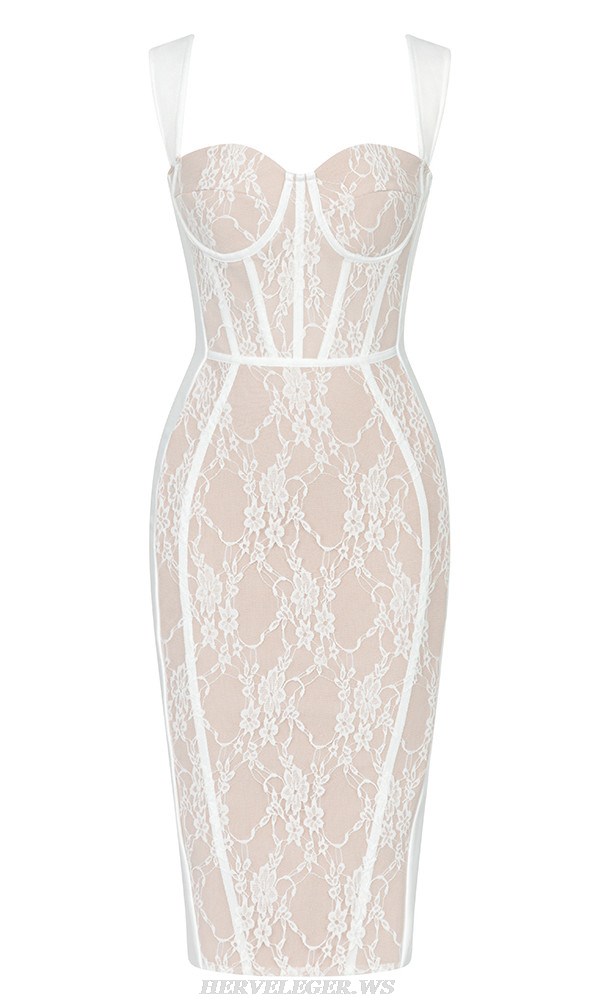 Herve Leger White Lace Bustier Midi Dress