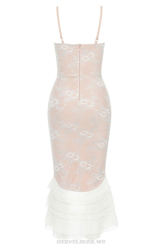 Herve Leger White Nude Lace Bustier Ruffle Midi Dress