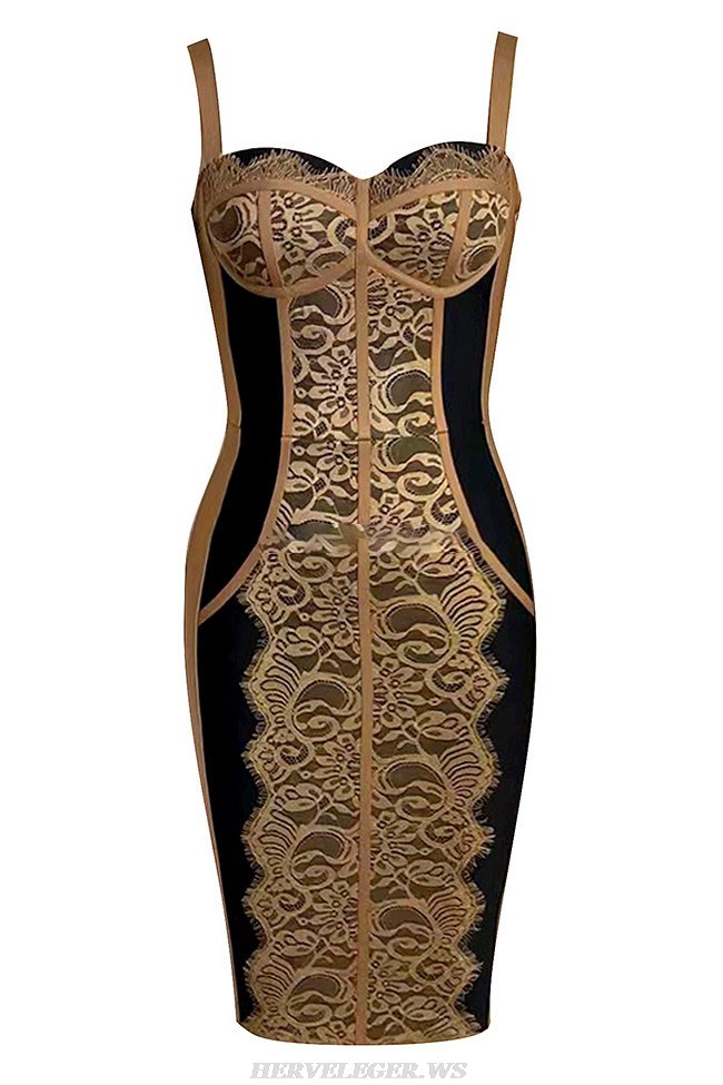 Herve Leger Brown Black Lace Bustier Midi Dress