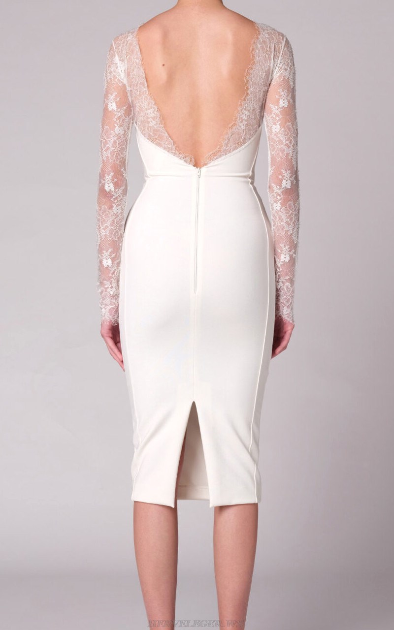 Herve Leger White Lace Long Sleeve Bustier Midi Dress