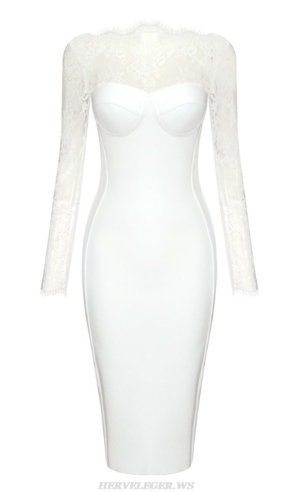 Herve Leger White Lace Long Sleeve Bustier Midi Dress