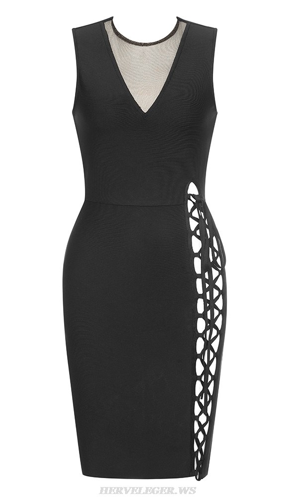 Herve Leger Black Lace Up Sparkly Mesh Dress