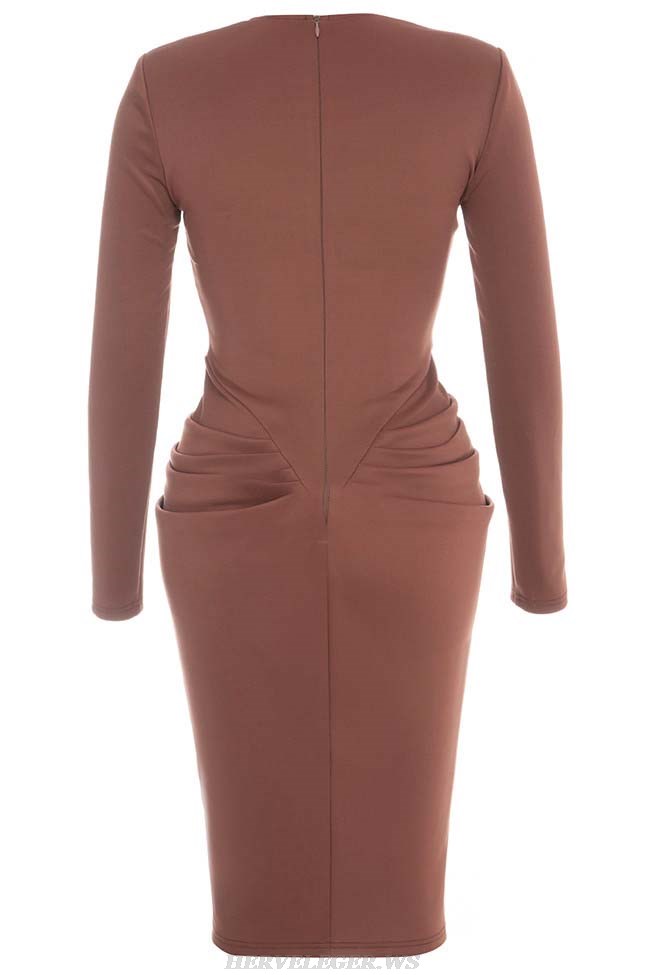 Herve Leger Brown Long Sleeve Bustier Corset Draped Midi Dress