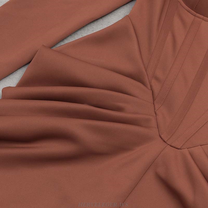 Herve Leger Brown Long Sleeve Bustier Corset Draped Midi Dress