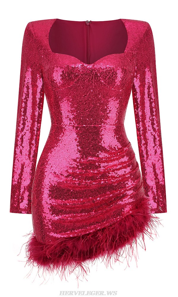 Herve Leger Hot Pink Long Sleeve Bustier Feather Sequin Dress