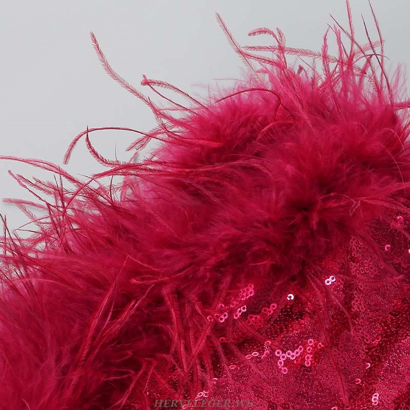 Herve Leger Hot Pink Long Sleeve Bustier Feather Sequin Dress