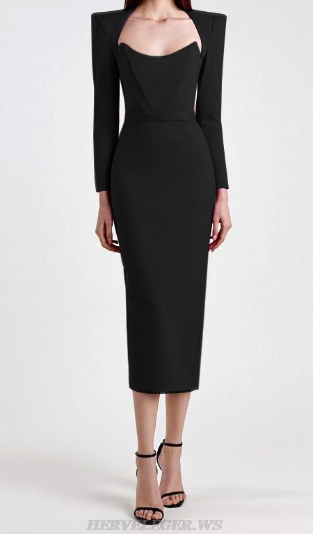 Herve Leger Black Long Sleeve Corset Midi Dress