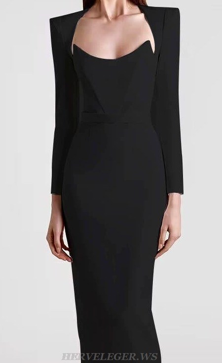 Herve Leger Black Long Sleeve Corset Midi Dress