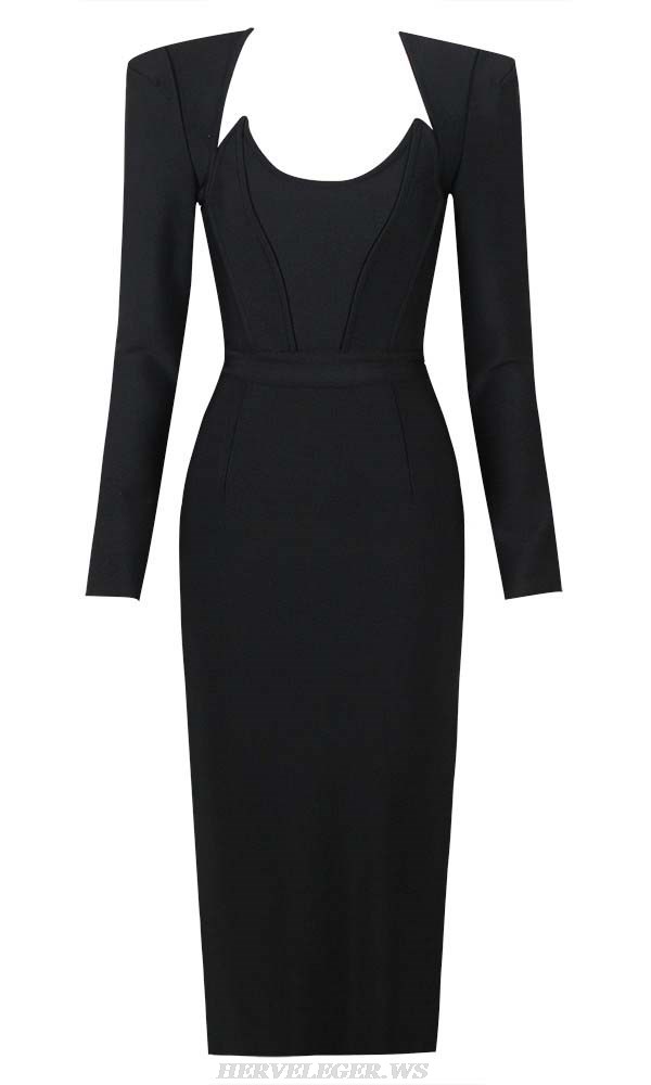 Herve Leger Black Long Sleeve Corset Midi Dress