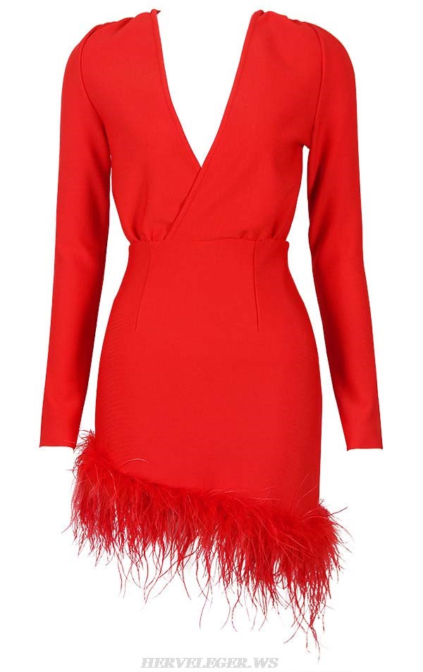 Herve Leger Red Long Sleeve Cross Over Feather Dress