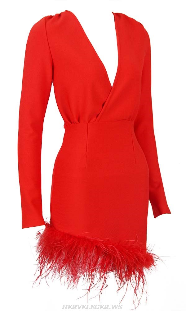 Herve Leger Red Long Sleeve Cross Over Feather Dress