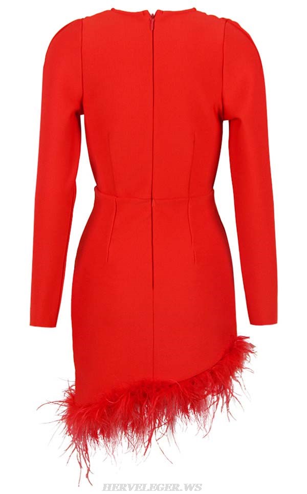 Herve Leger Red Long Sleeve Cross Over Feather Dress