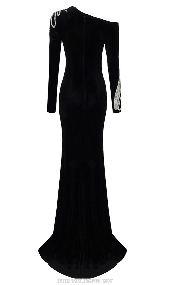 Herve Leger Black Long Sleeve Crystal Gown