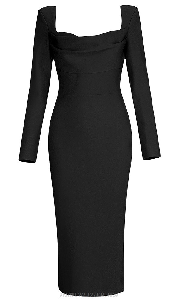 Herve Leger Black Long Sleeve Draped Midi Dress