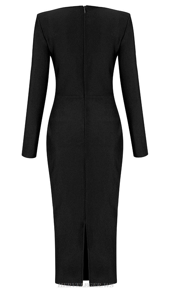 Herve Leger Black Long Sleeve Draped Midi Dress