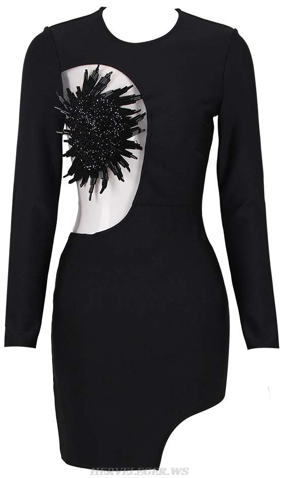 Herve Leger Black Long Sleeve Embellished Dress