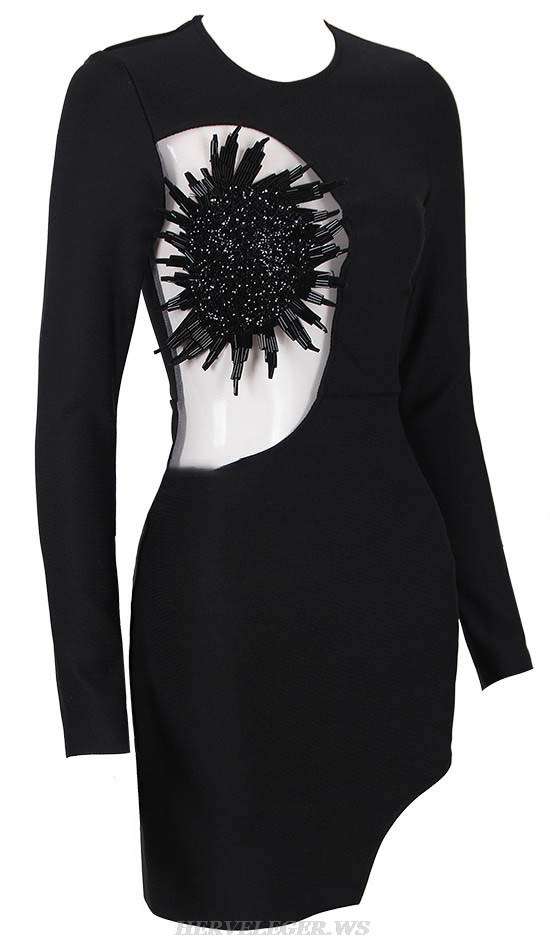 Herve Leger Black Long Sleeve Embellished Dress