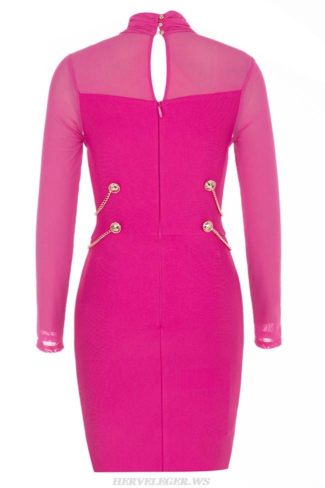 Herve Leger Hot Pink Long Sleeve Mesh Dress