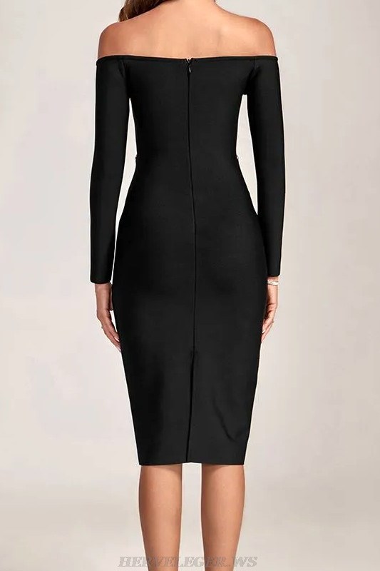 Herve Leger Black Long Sleeve Off Shoulder Rhinestone Midi Dress