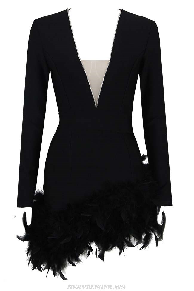 Herve Leger Black Long Sleeve Rhinestone Feather Dress