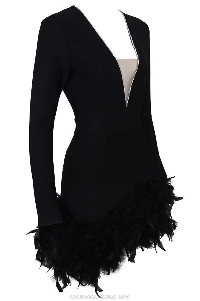 Herve Leger Black Long Sleeve Rhinestone Feather Dress