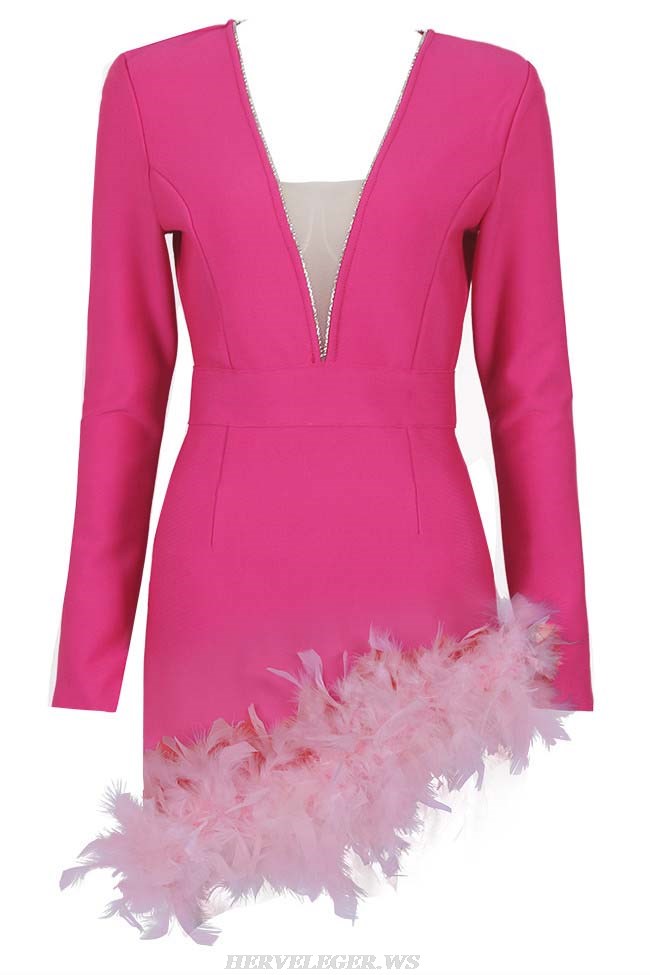 Herve Leger Hot Pink Long Sleeve Rhinestone Feather Dress