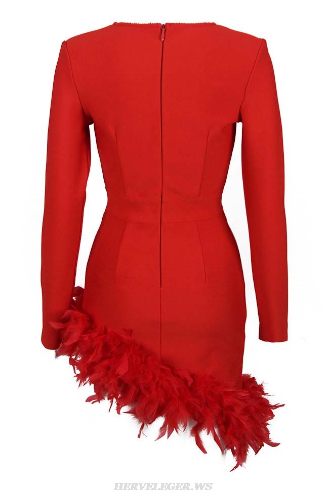 Herve Leger Red Long Sleeve Rhinestone Feather Dress