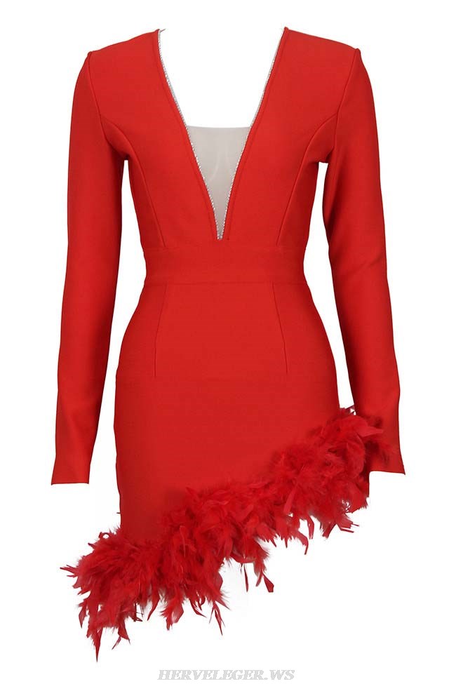 Herve Leger Red Long Sleeve Rhinestone Feather Dress