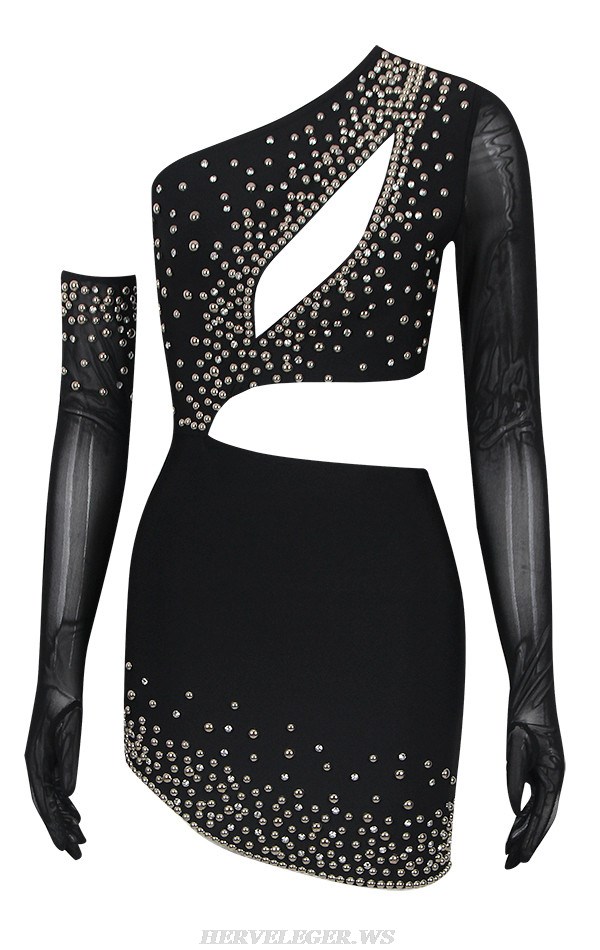 Herve Leger Black Long Sleeve Studded Dress