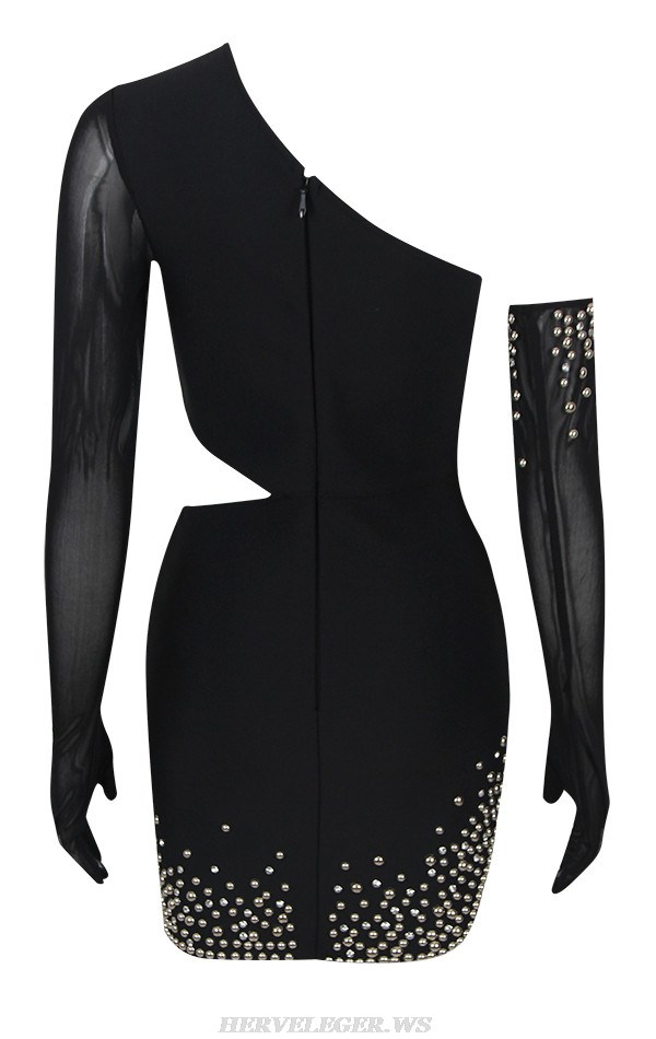 Herve Leger Black Long Sleeve Studded Dress