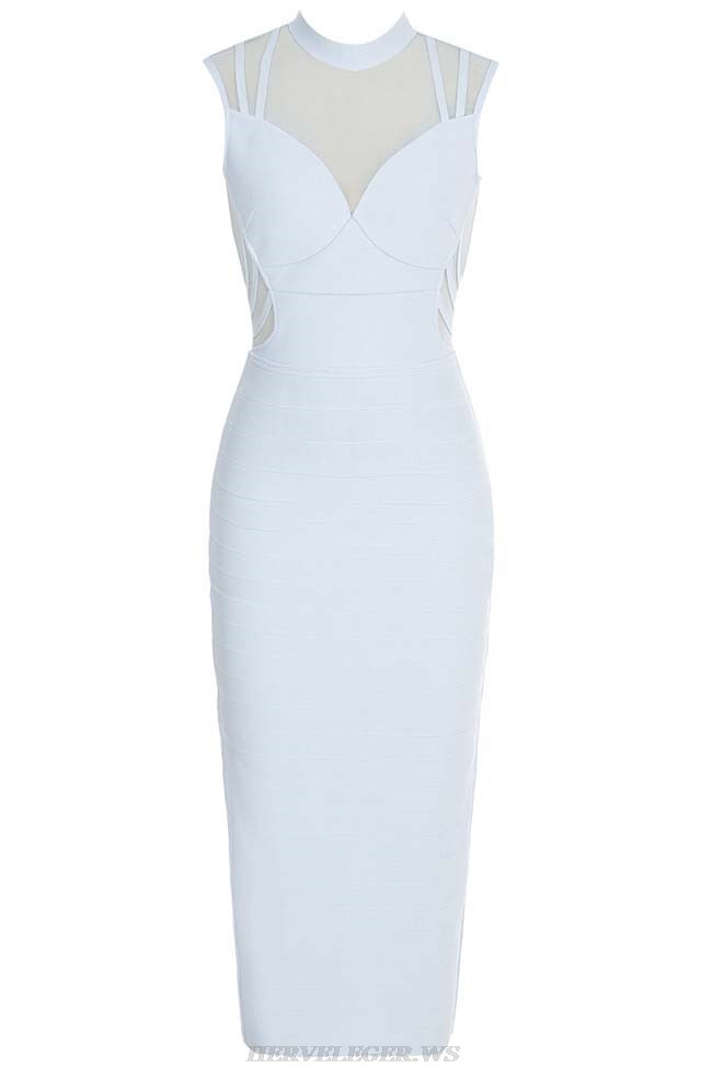 Herve Leger Light Blue Mesh Ribbed Midi Dress