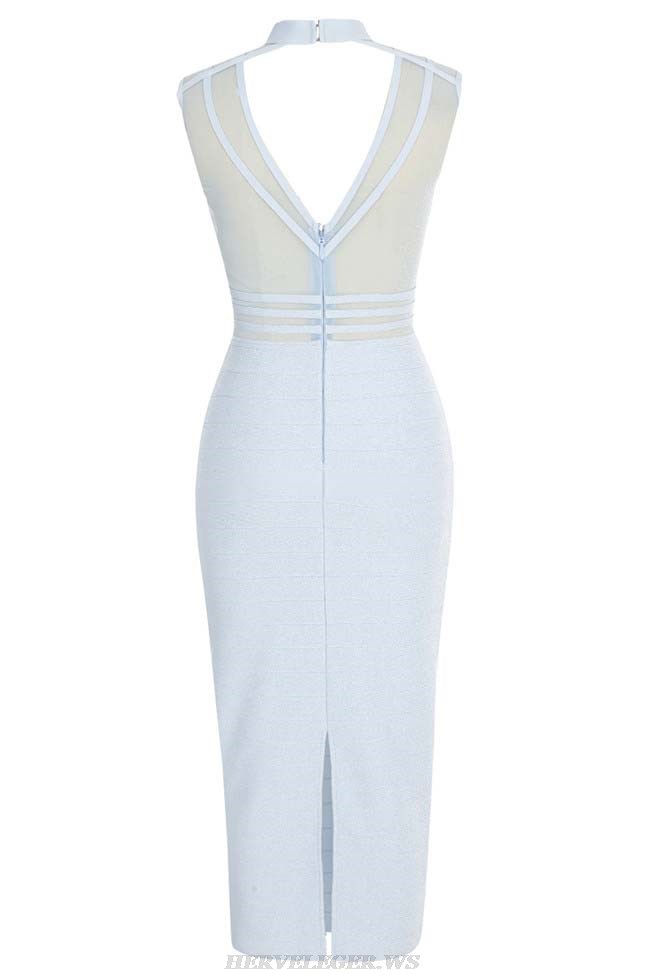 Herve Leger Light Blue Mesh Ribbed Midi Dress