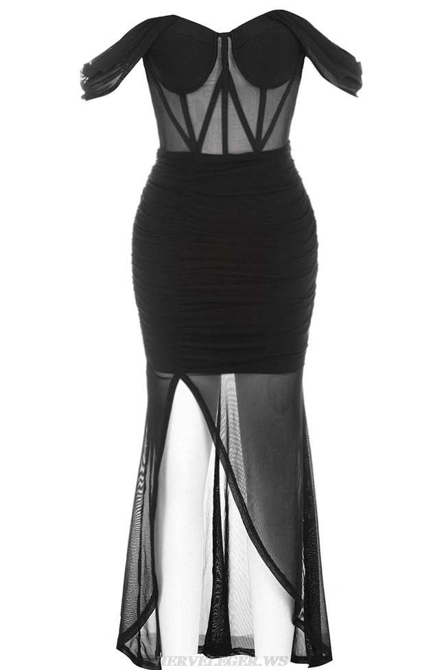 Herve Leger Black Off Shoulder Bustier Draped Mesh Gown