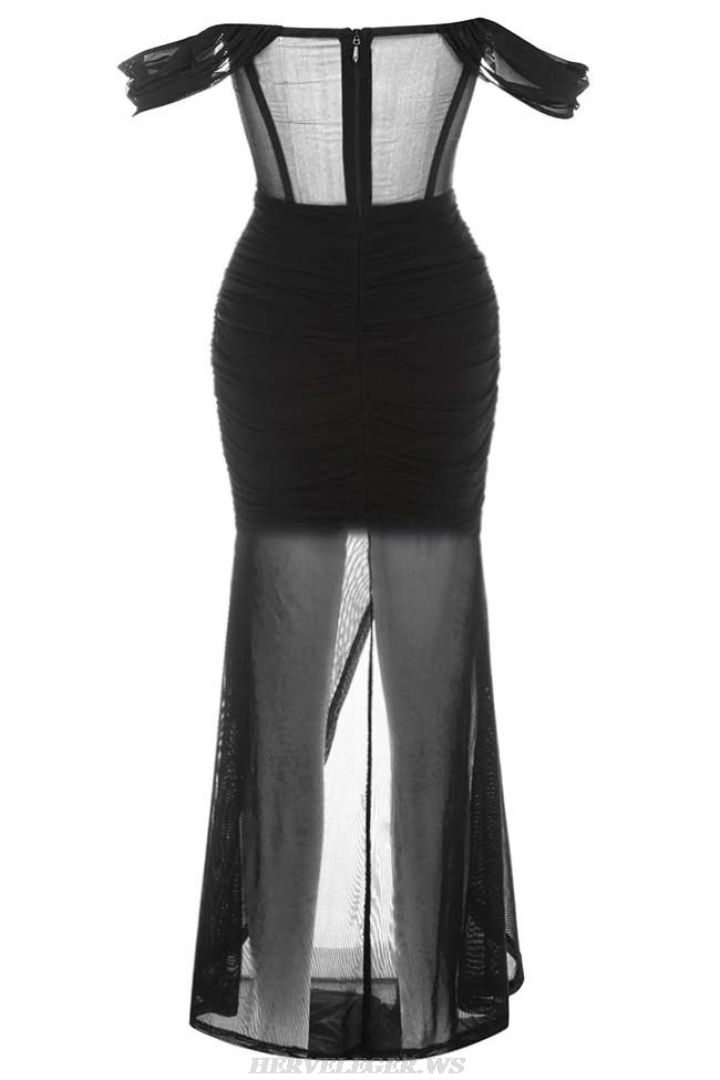 Herve Leger Black Off Shoulder Bustier Draped Mesh Gown