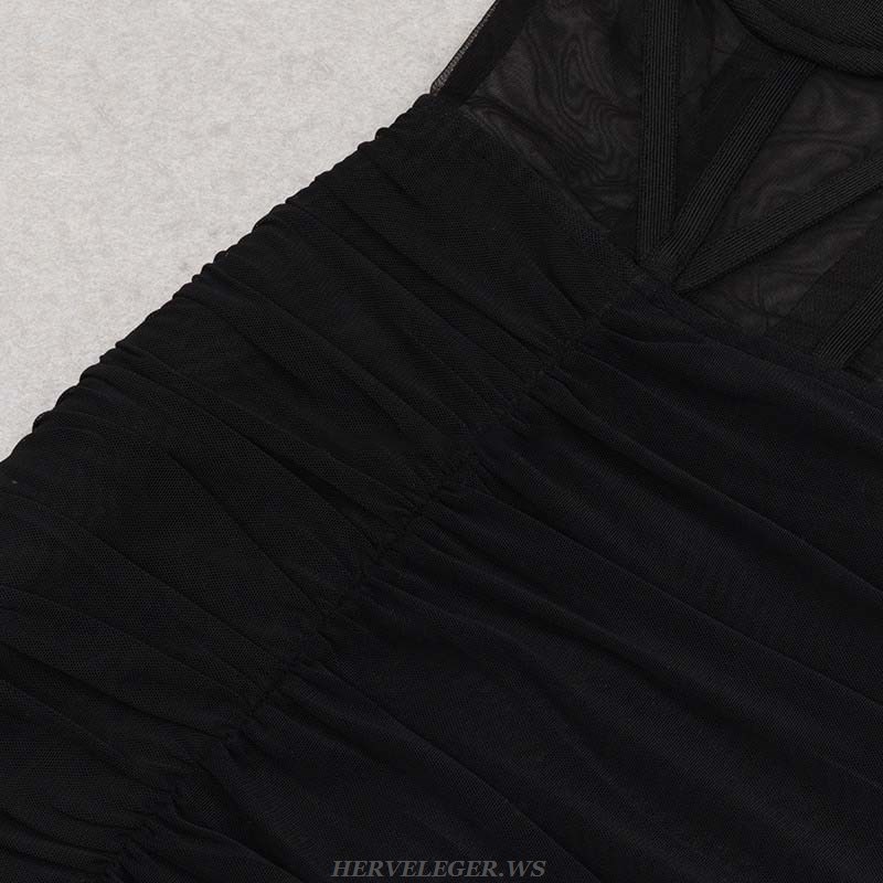 Herve Leger Black Off Shoulder Bustier Draped Mesh Gown