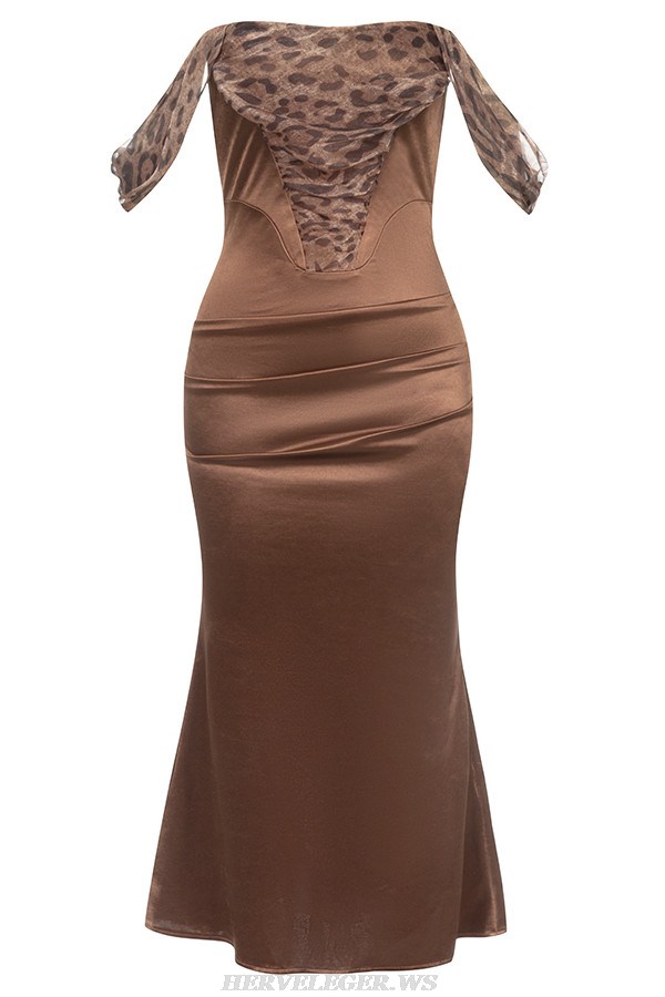 Herve Leger Brown Off Shoulder Draped Animal Print Midi Dress