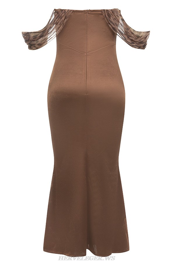 Herve Leger Brown Off Shoulder Draped Animal Print Midi Dress