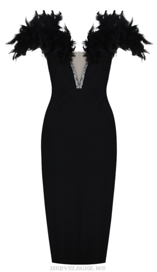 Herve Leger Black Off Shoulder Feather Midi Dress