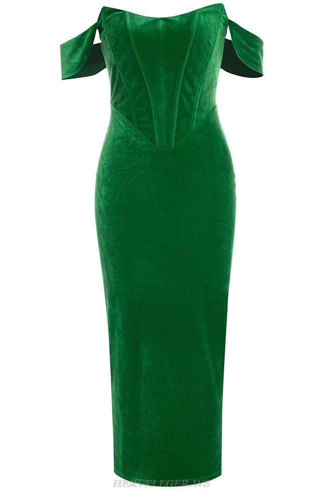 Herve Leger Green Off The Shoulder Corset Midi Velvet Dress